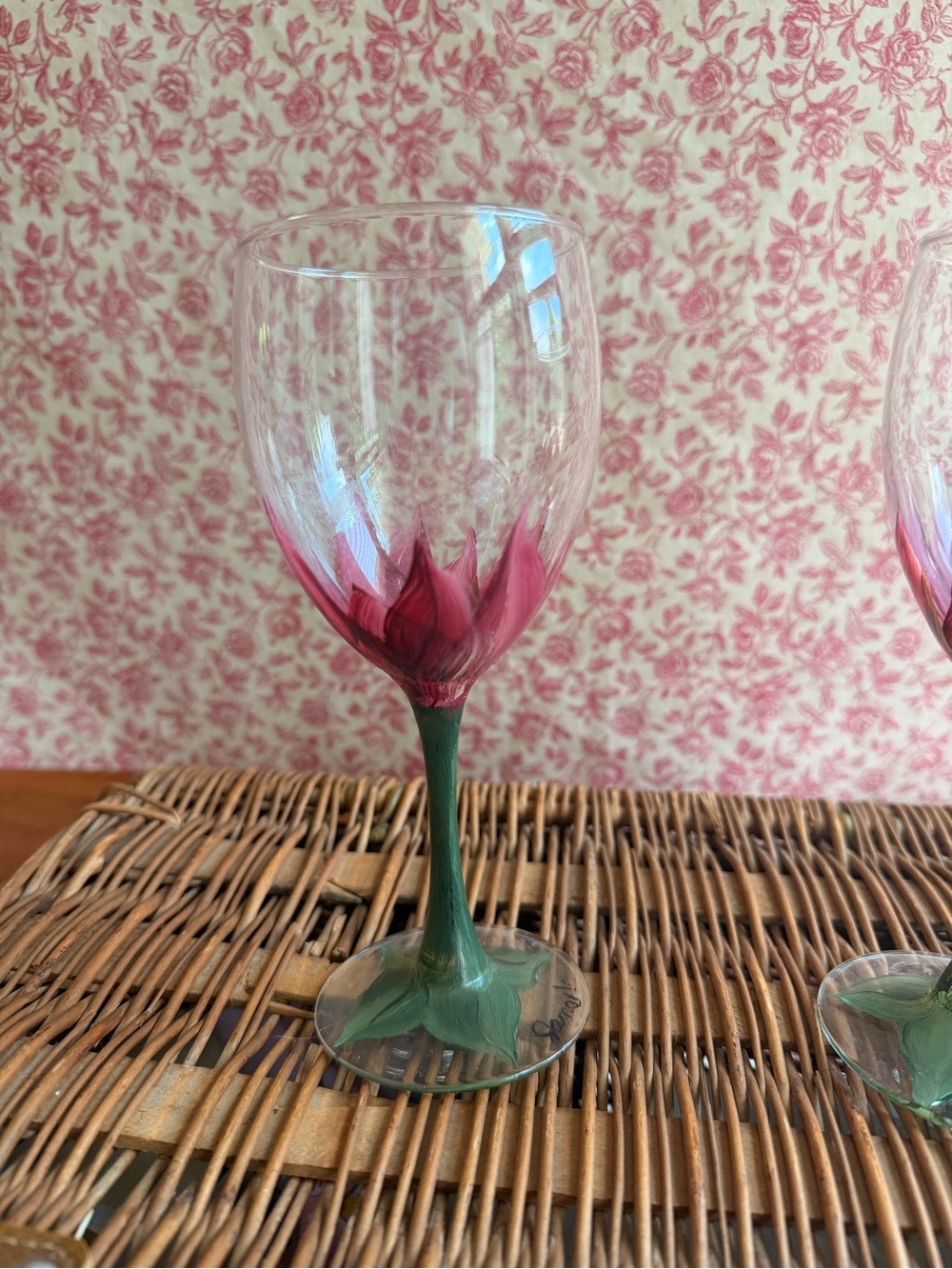 Hand-Painted Floral Wine Glasses - Pink & Green - Picture 5 of 5